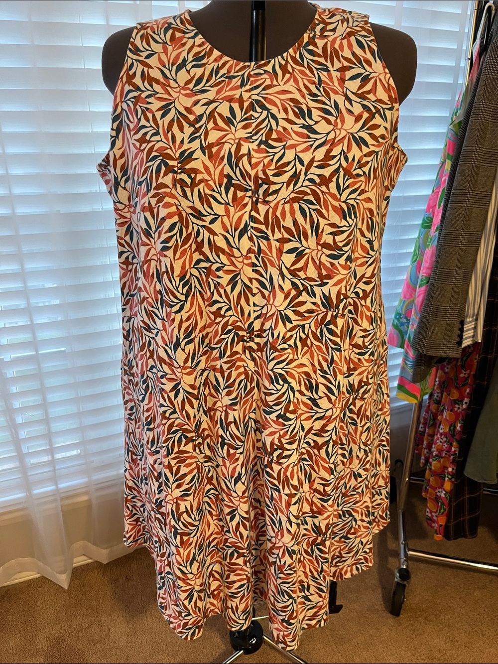 Lands’ End Linen Trapeze Dress Leaf Print 2x